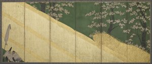 Fleurs de cerisier, une haute clôture et des serviteurs, période Edo, 1590-1640 (couleur et or sur papier) - Tawaraya Sotatsu
